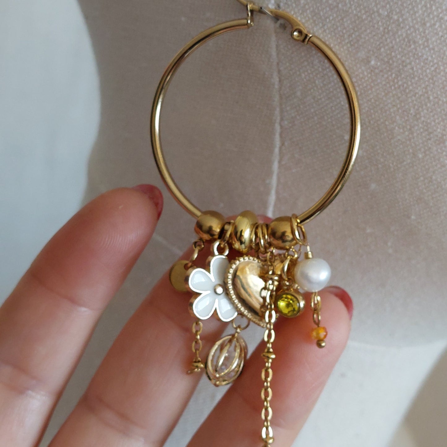 14K gold plated stainless steel handmade non tarnish heart bog hoops