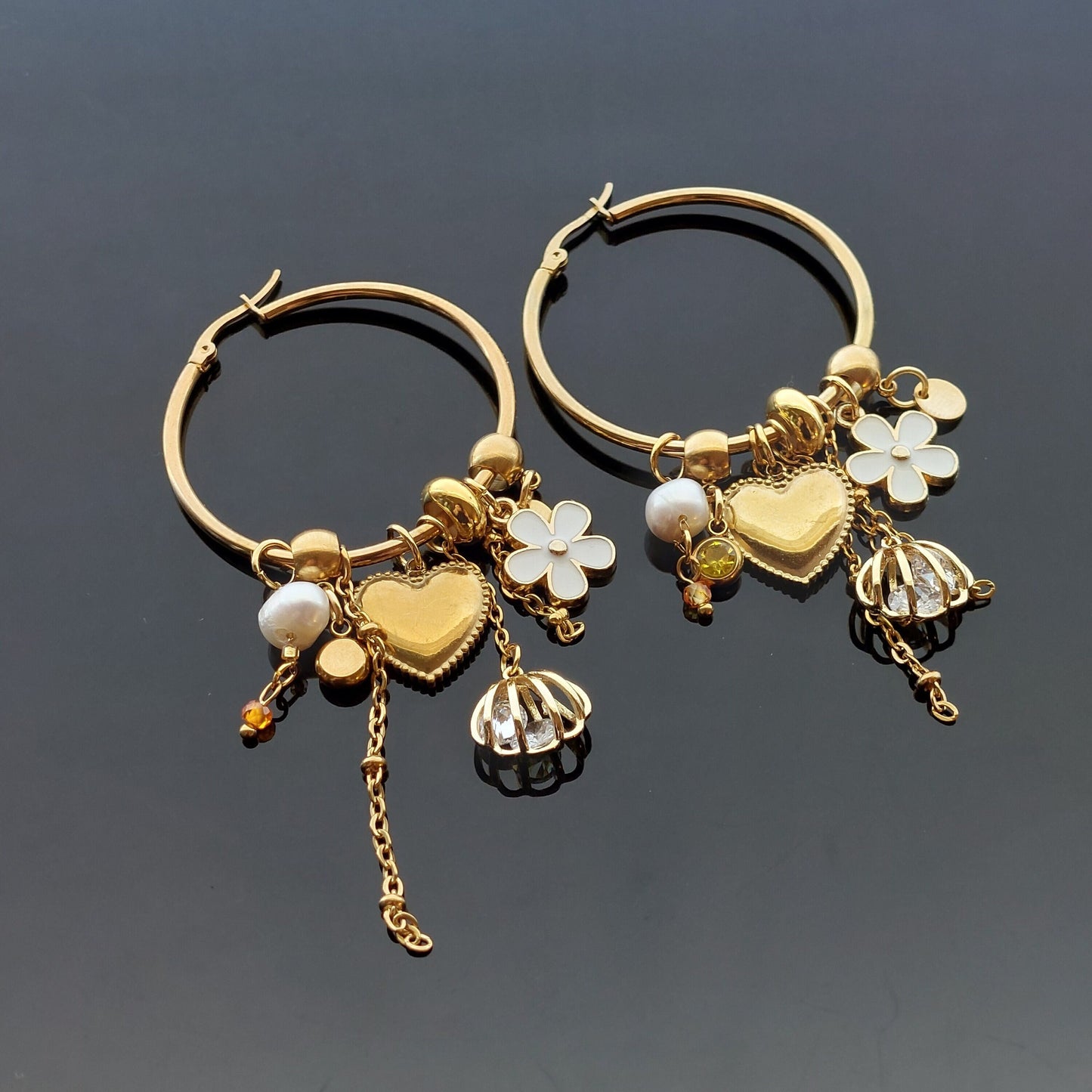 14K gold plated stainless steel handmade non tarnish heart bog hoops