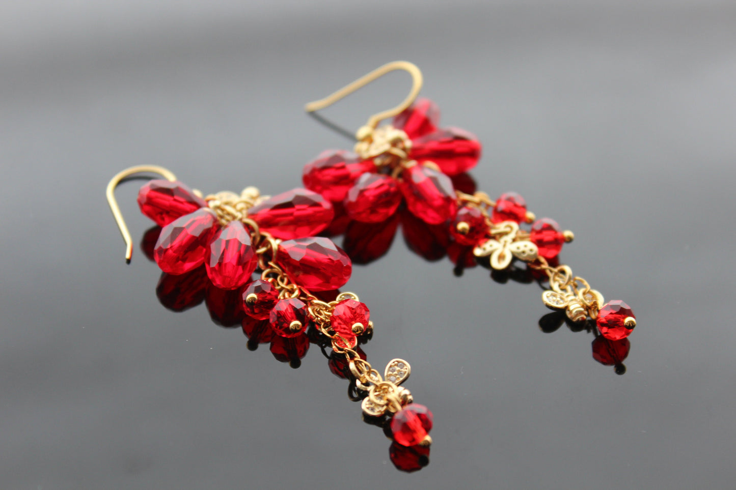 18K gold plated stainless steel, non tarnish Pomegranate seeds and bee earrings