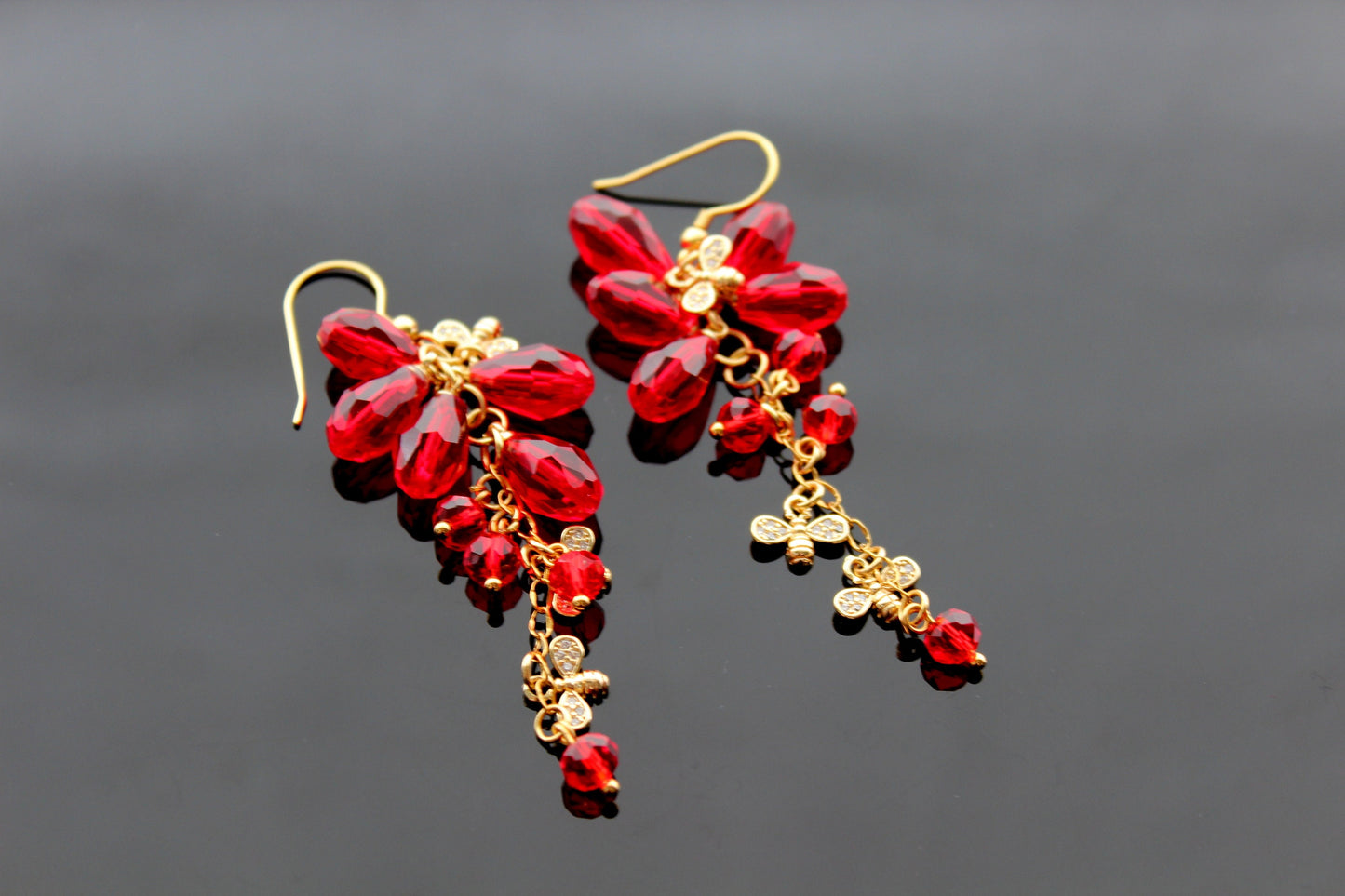 18K gold plated stainless steel, non tarnish Pomegranate seeds and bee earrings