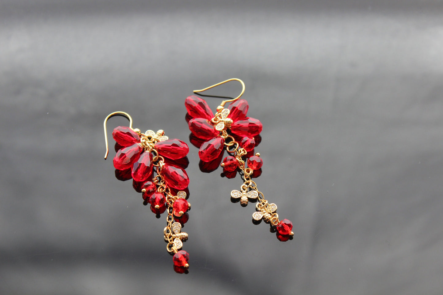 18K gold plated stainless steel, non tarnish Pomegranate seeds and bee earrings