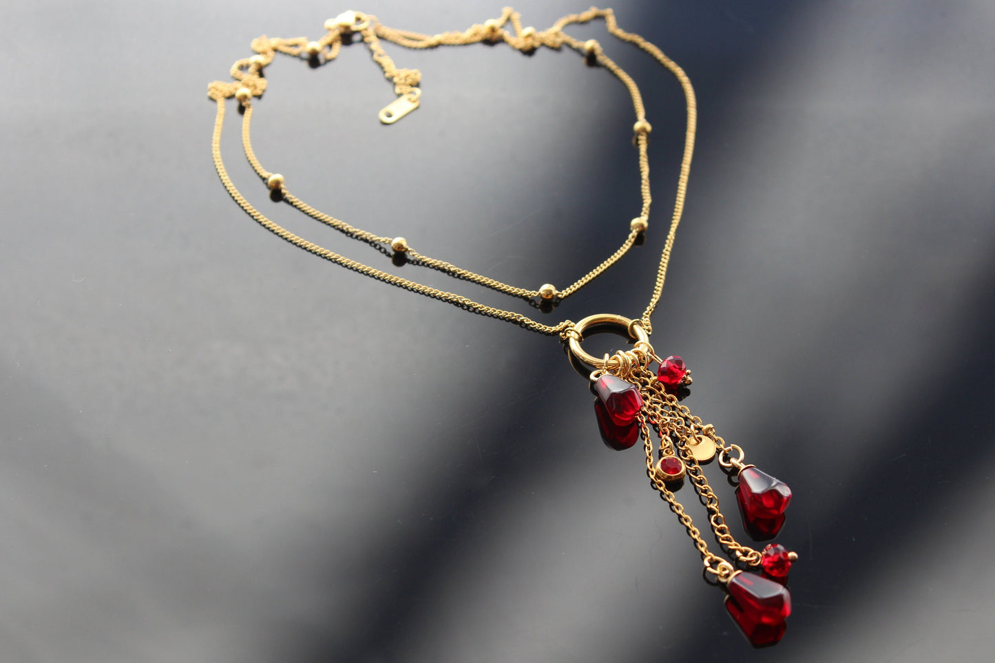 18K gold plated stainless steel Y shape handmade non tarnish pomegranate seeds necklace