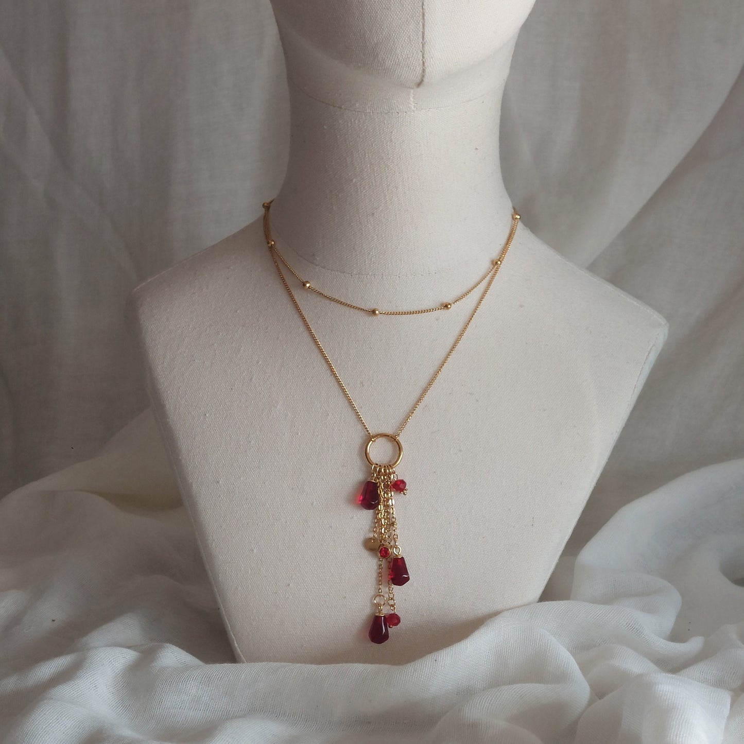 18K gold plated stainless steel Y shape handmade non tarnish pomegranate seeds necklace