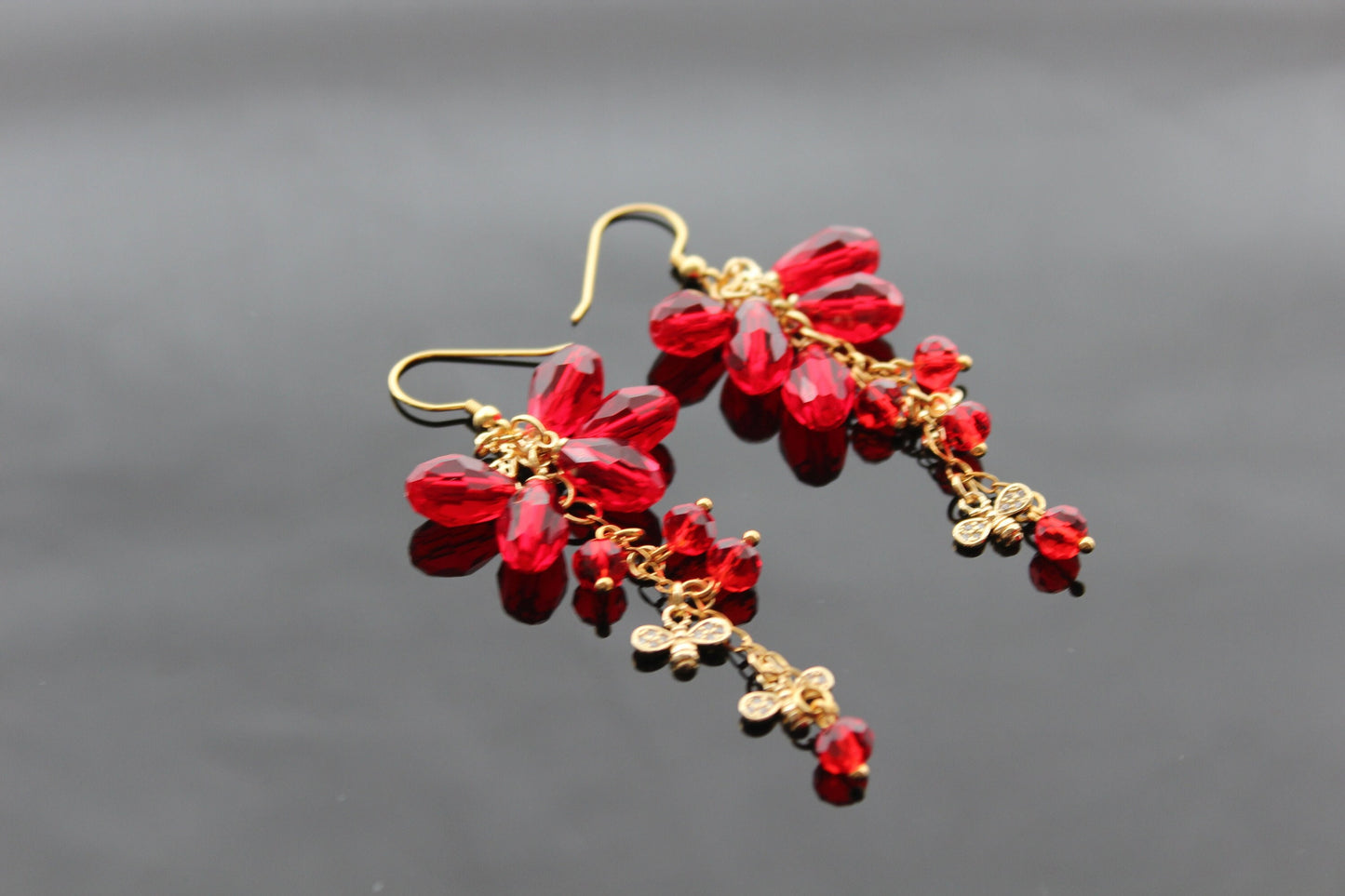 18K gold plated stainless steel, non tarnish Pomegranate seeds and bee earrings