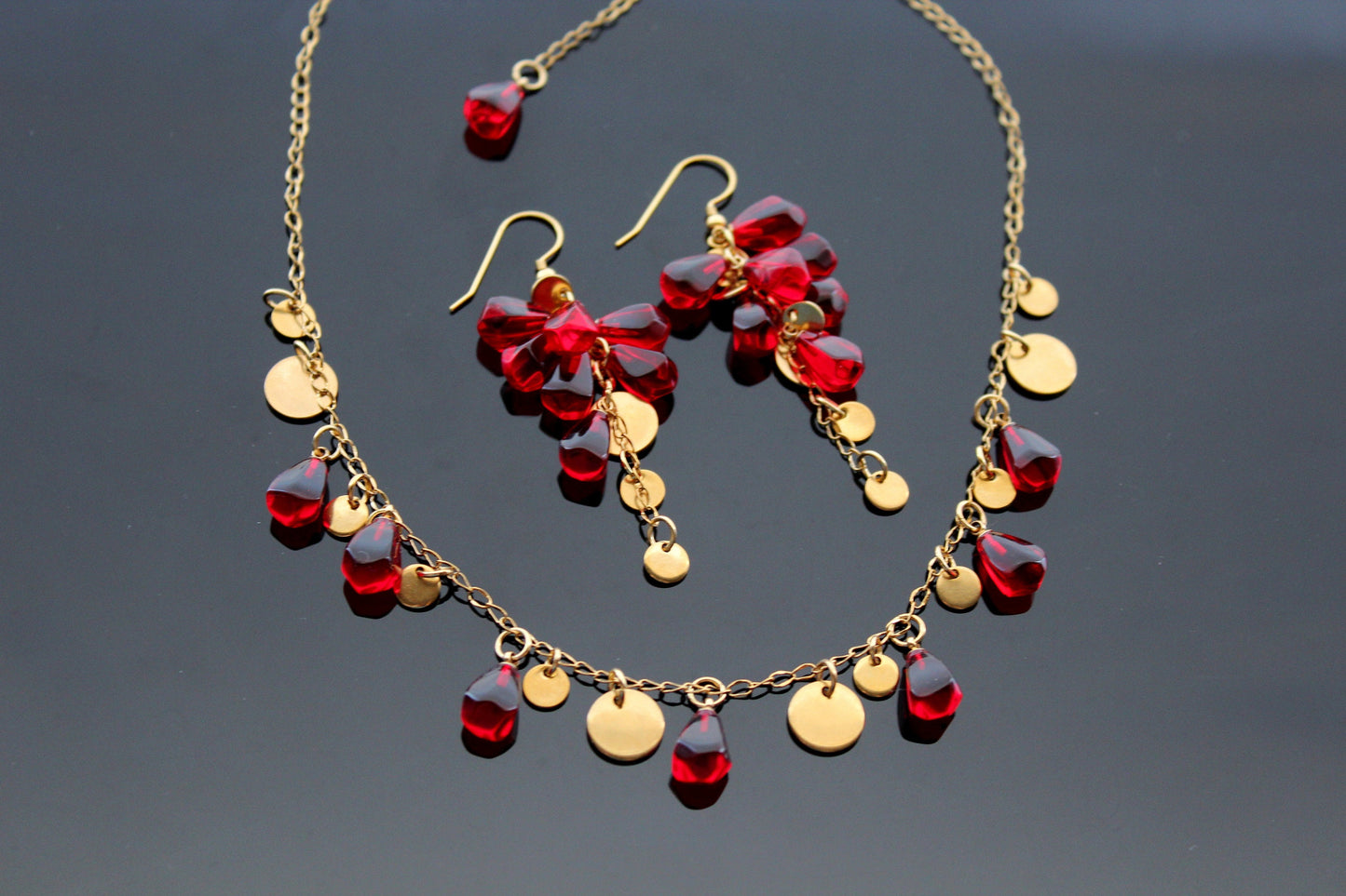 Glass handmade pomegranate seeds 18K gold plated stainless steel jewelry set