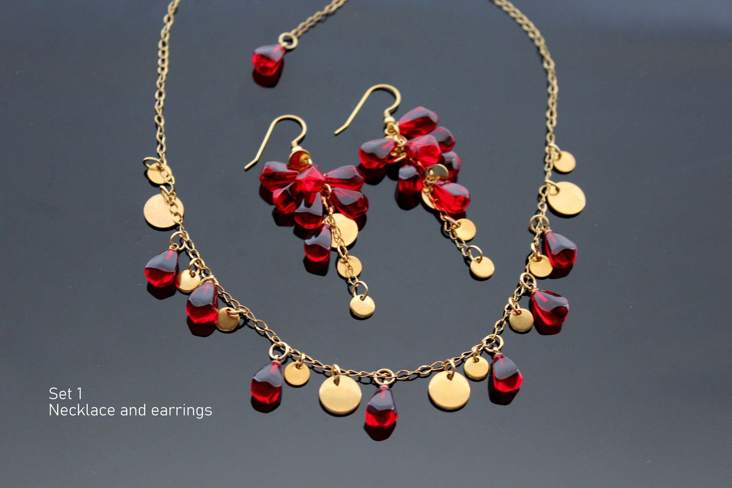 Glass handmade pomegranate seeds 18K gold plated stainless steel jewelry set