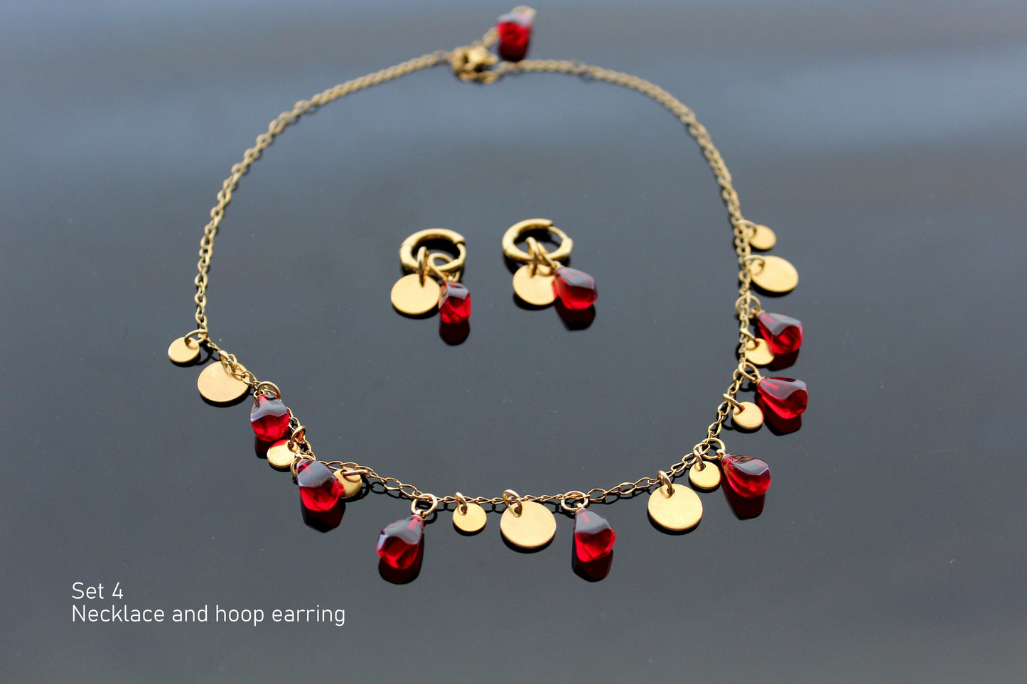 Glass handmade pomegranate seeds 18K gold plated stainless steel jewelry set