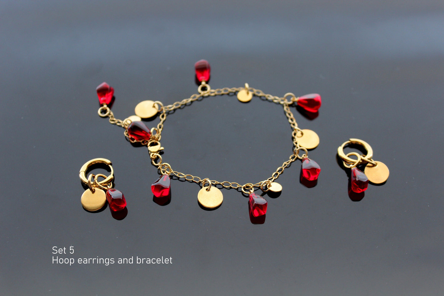 Glass handmade pomegranate seeds 18K gold plated stainless steel jewelry set