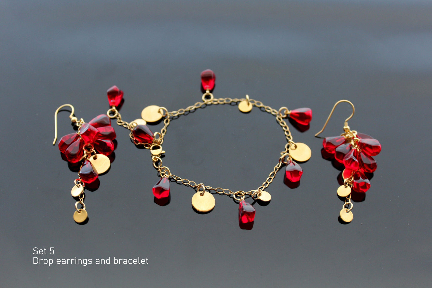 Glass handmade pomegranate seeds 18K gold plated stainless steel jewelry set
