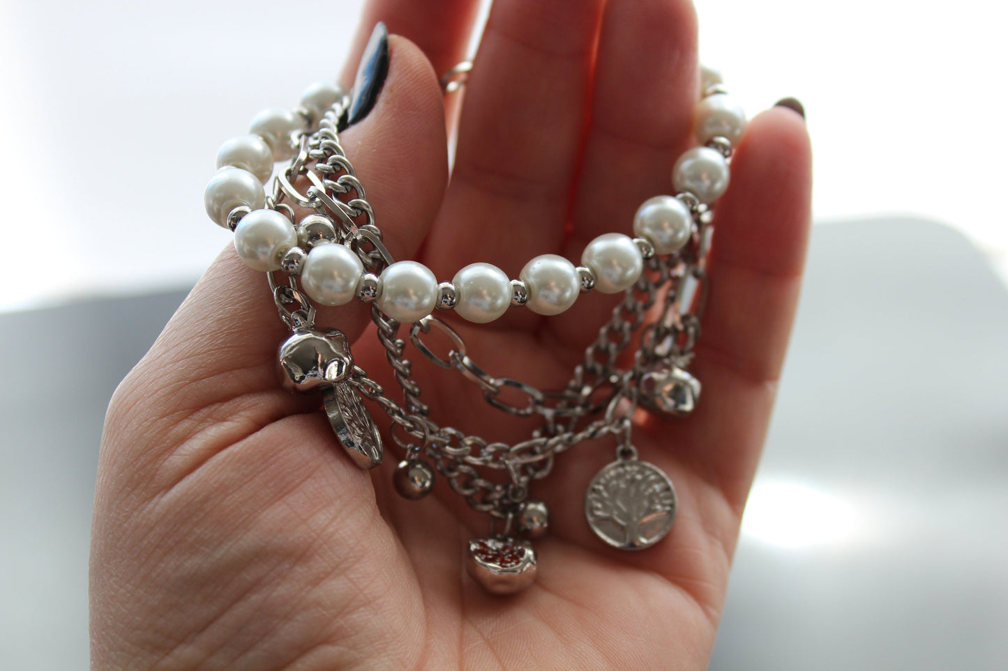 Adjustable Tree of life Silver plated stainless steel pomegranate bracelet with glass pearls