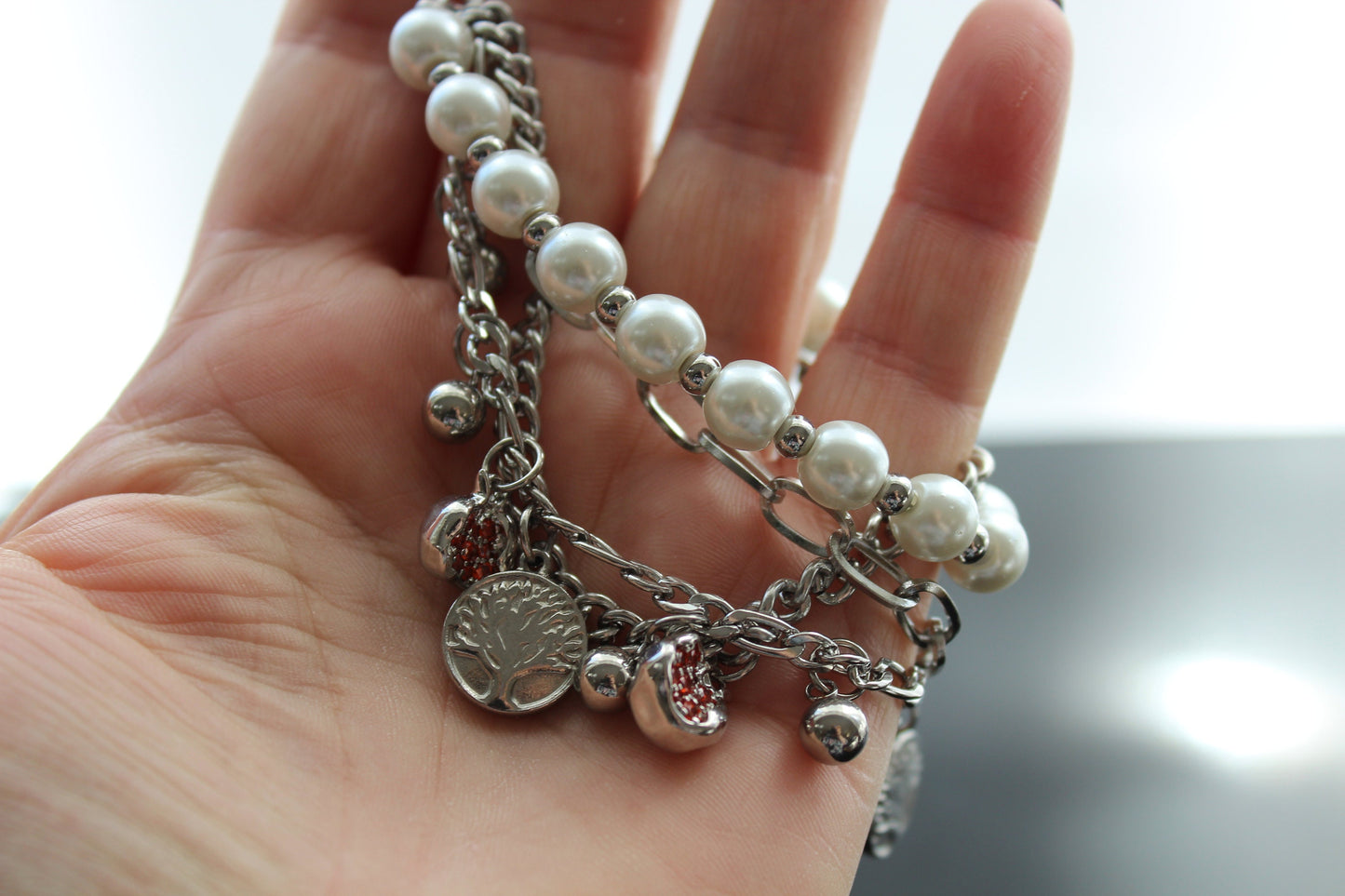Adjustable Tree of life Silver plated stainless steel pomegranate bracelet with glass pearls