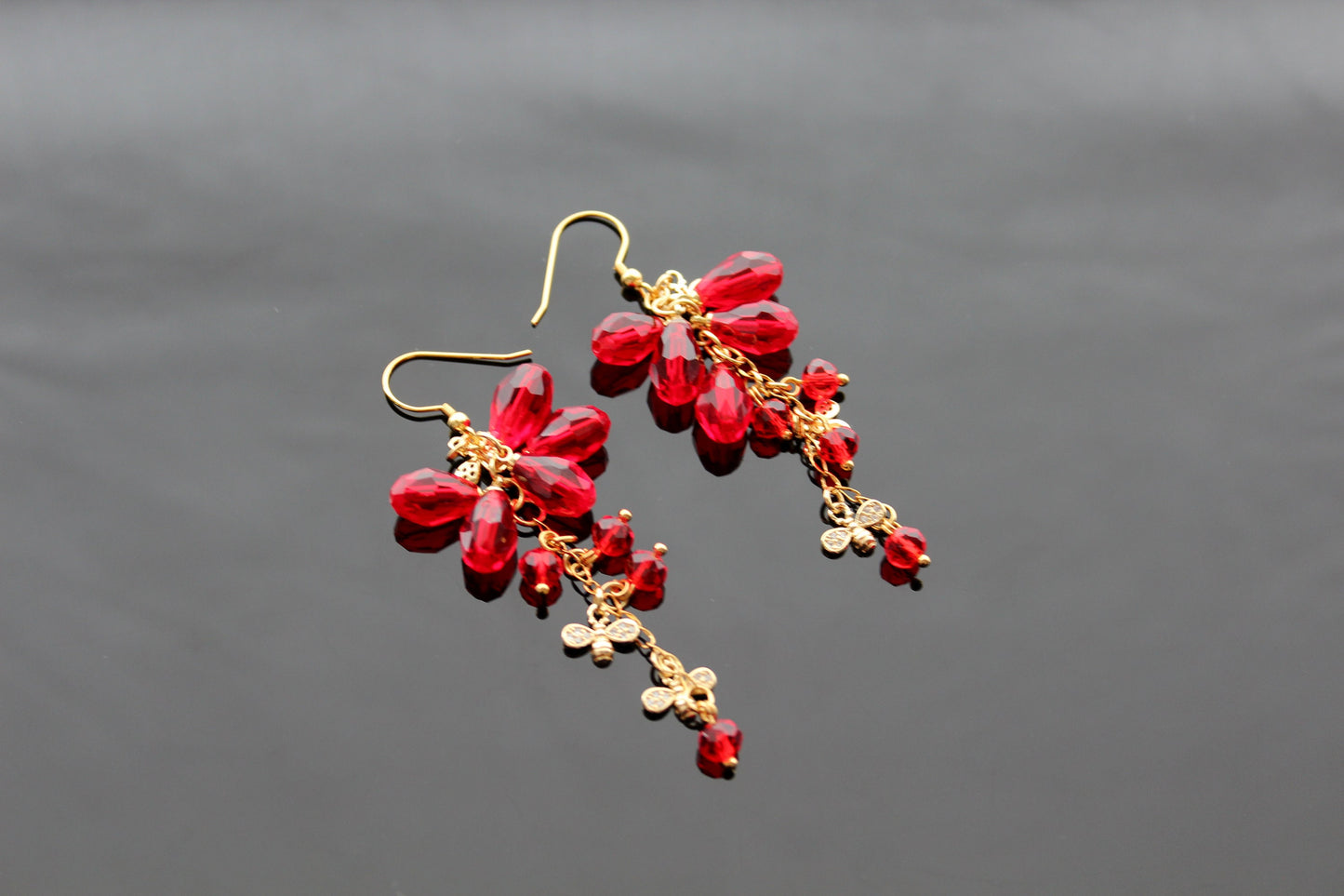 18K gold plated stainless steel, non tarnish Pomegranate seeds and bee earrings