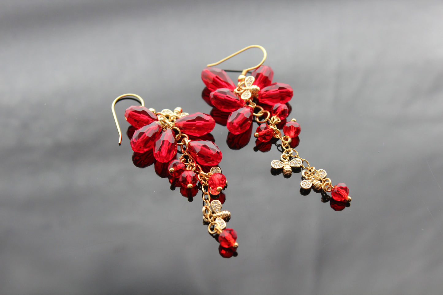 18K gold plated stainless steel, non tarnish Pomegranate seeds and bee earrings