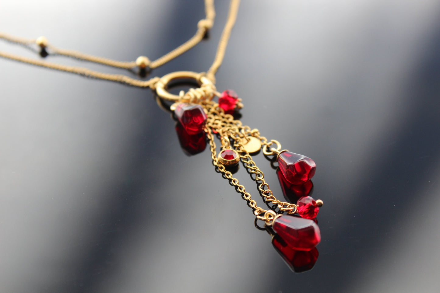 18K gold plated stainless steel Y shape handmade non tarnish pomegranate seeds necklace