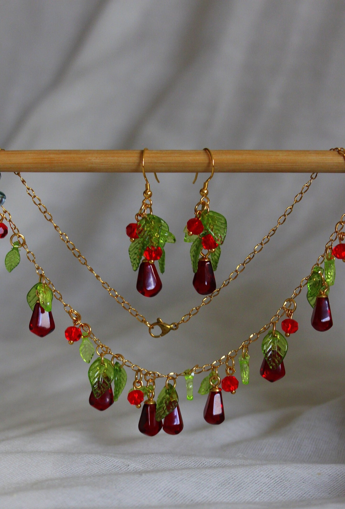 Handmade pomegranate seeds 18K gold plated stainless steel jewelry set with high quality resin charms