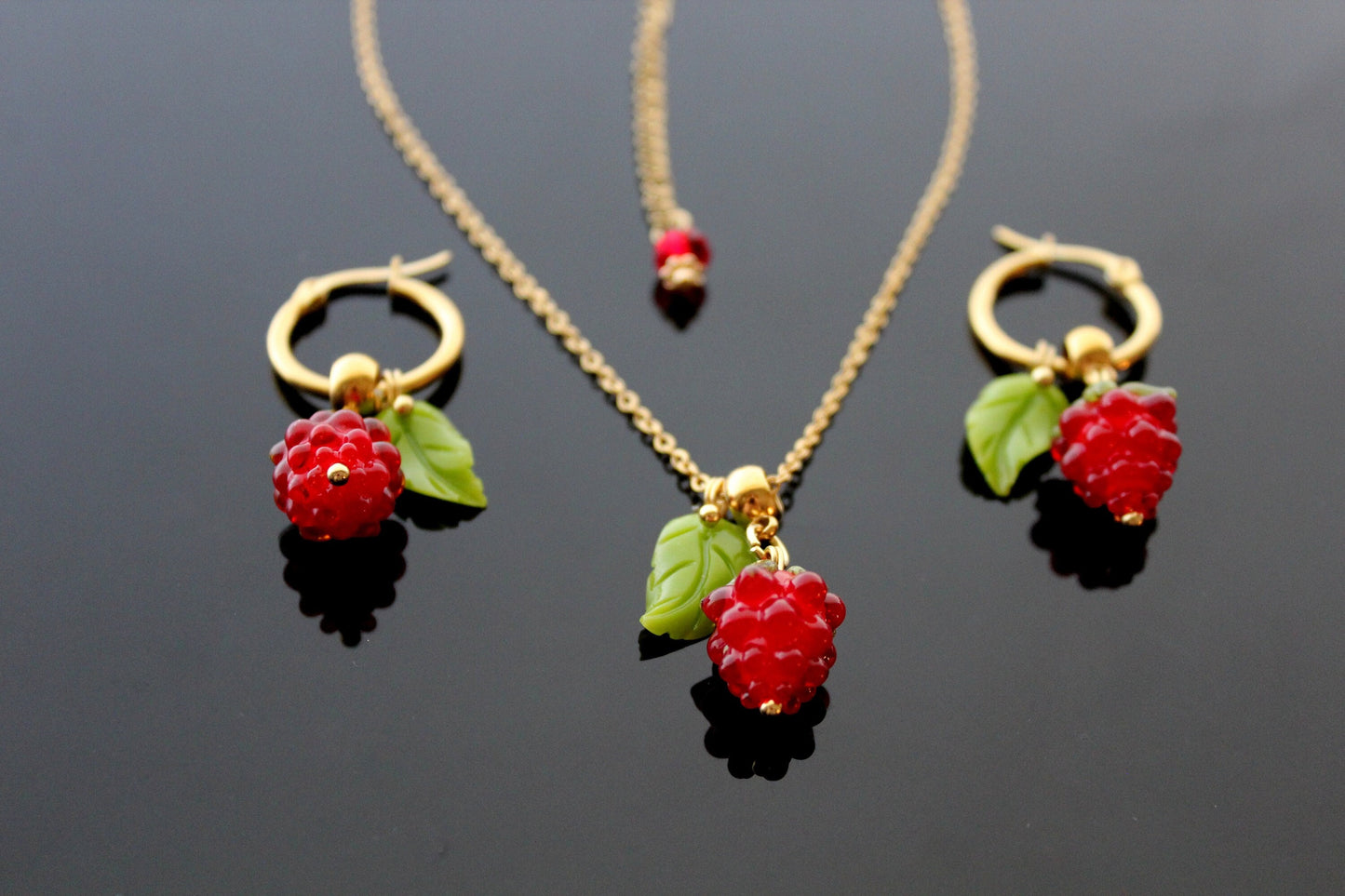 Handmade glazed glass raspberry jewelry set
