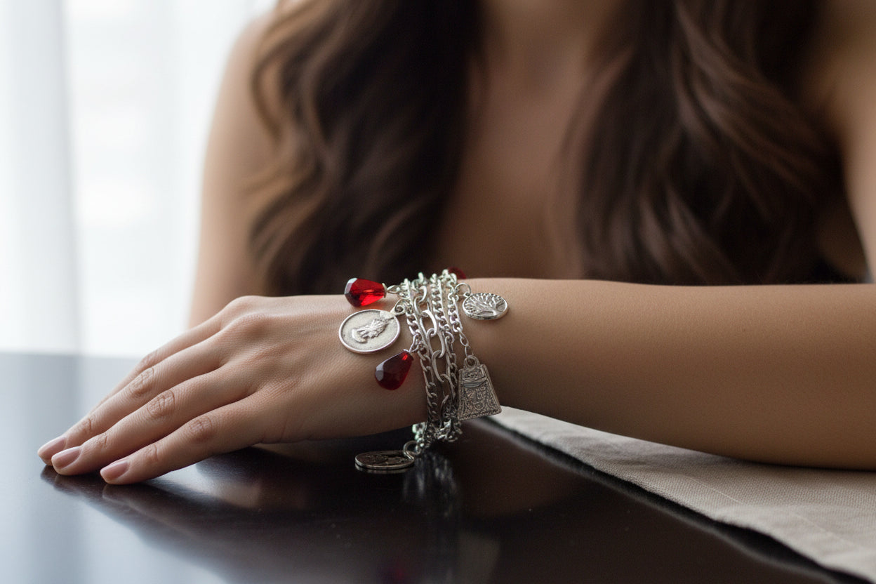 Armenian bangle and necklace with pomegranate seeds and charms