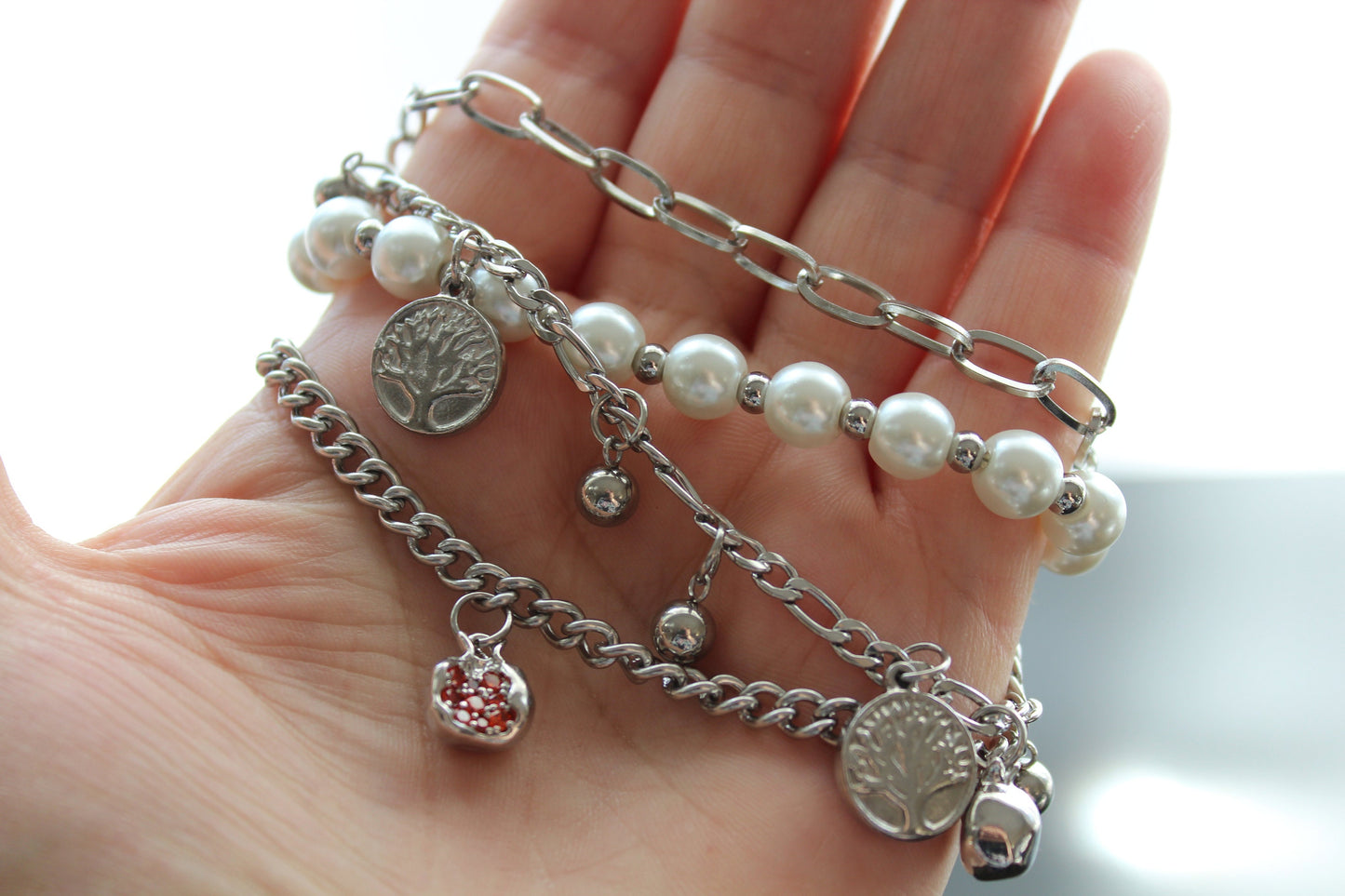 Adjustable Tree of life Silver plated stainless steel pomegranate bracelet with glass pearls