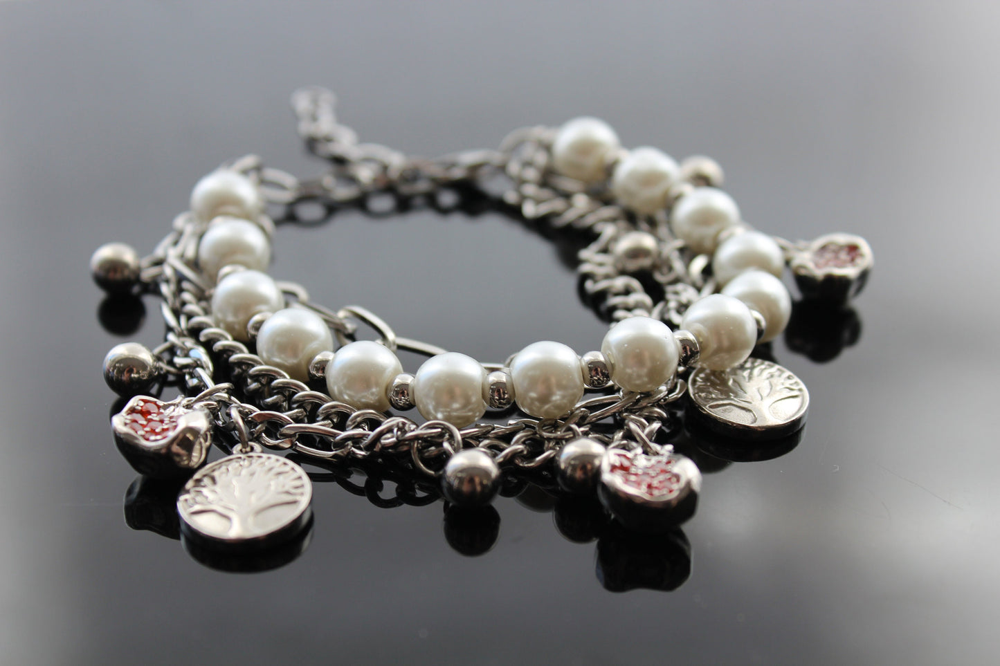 Adjustable Tree of life Silver plated stainless steel pomegranate bracelet with glass pearls