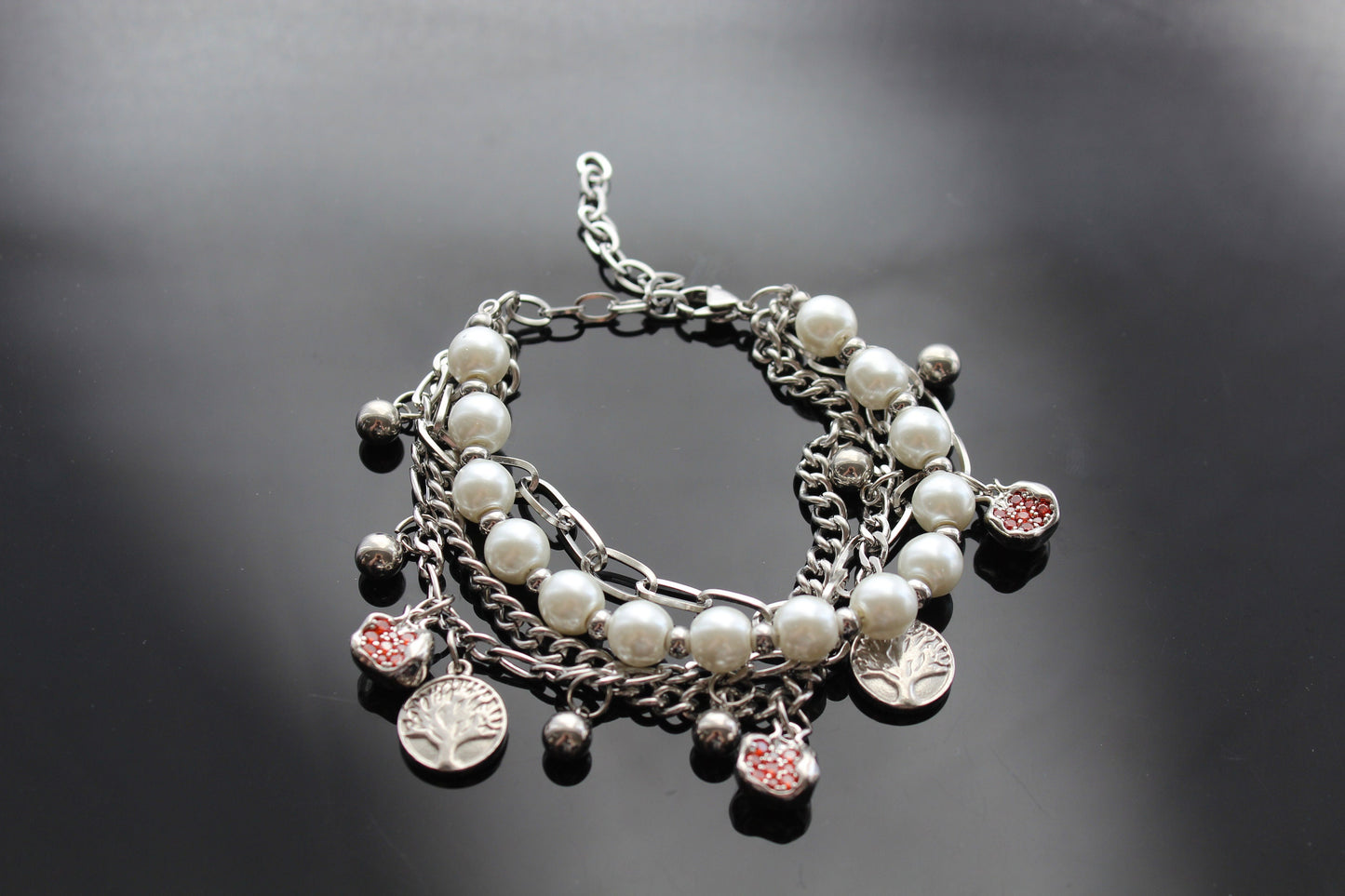 Adjustable Tree of life Silver plated stainless steel pomegranate bracelet with glass pearls