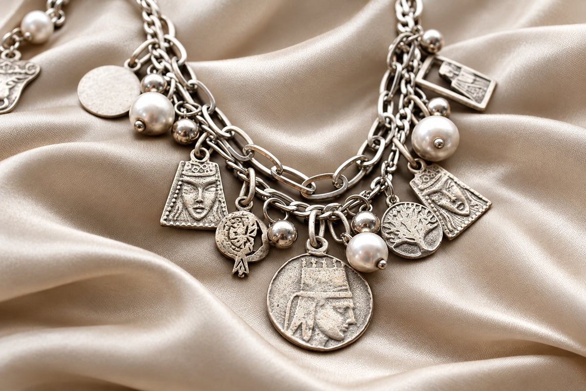 Armenian traditional necklace with earrings rhodium plated stainless steel parts