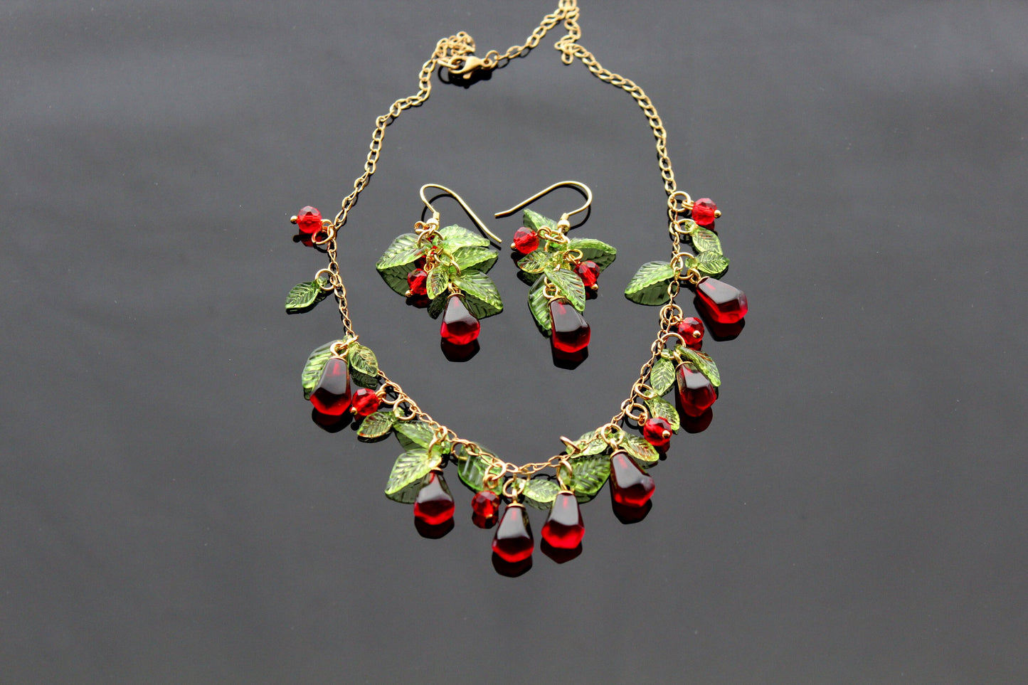 Handmade pomegranate seeds 18K gold plated stainless steel jewelry set with high quality resin charms