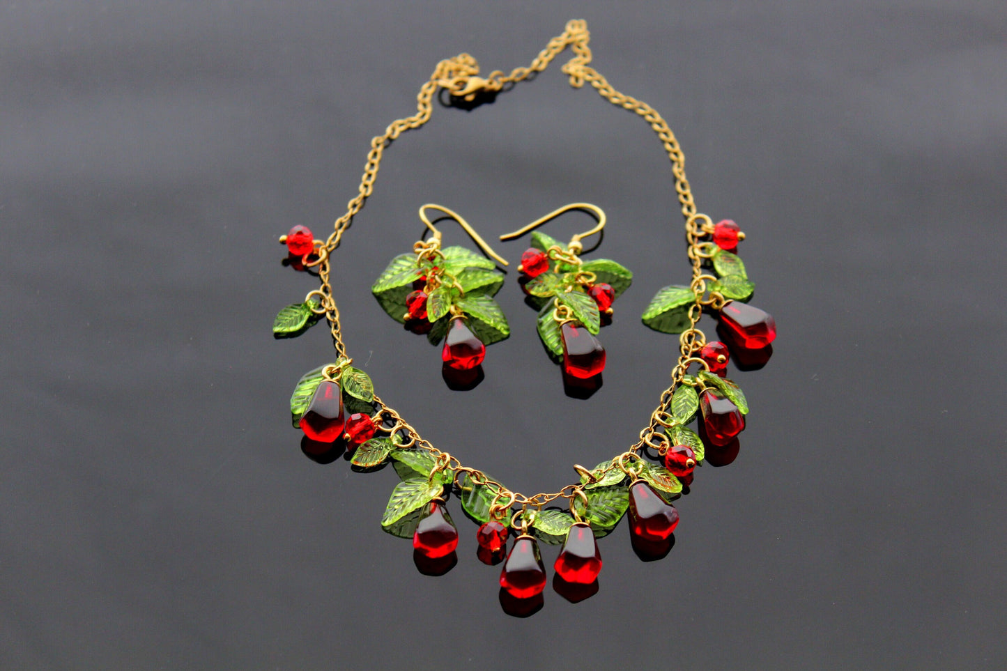 Handmade pomegranate seeds 18K gold plated stainless steel jewelry set with high quality resin charms