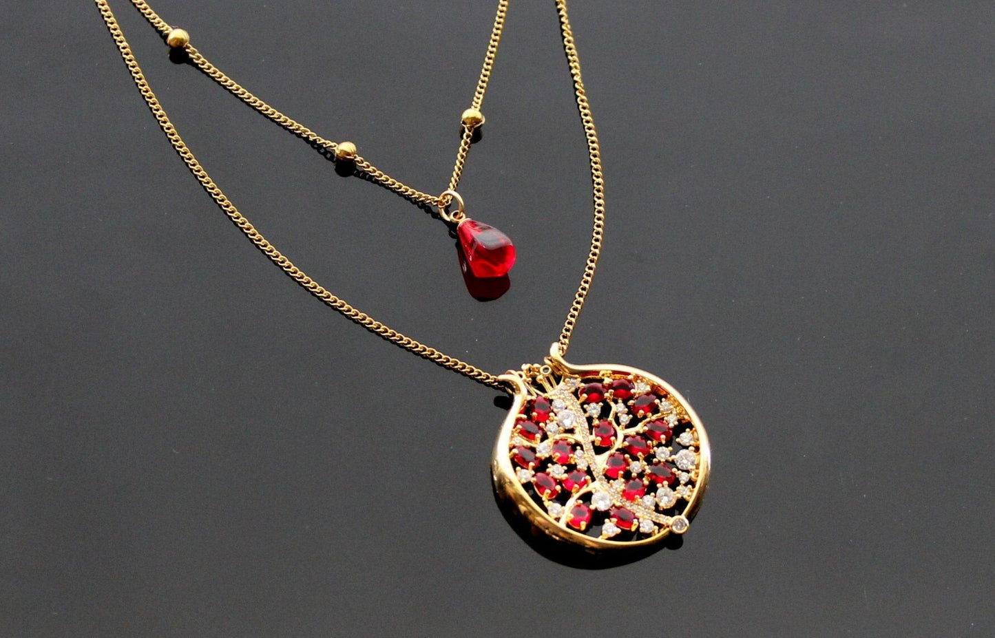 Pomegranate  jewelry set  18 K Gold plated pendant with zircons and glass beads