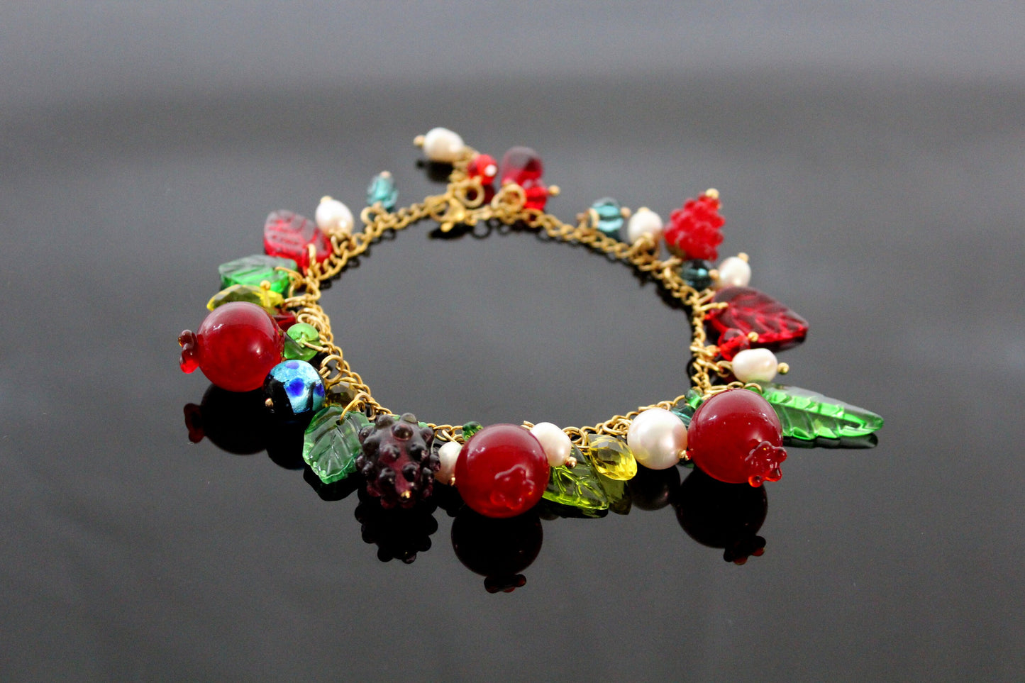 Glass charms, adjustable up to 9 in  gold  plated stainless steel pomegranate bracelet