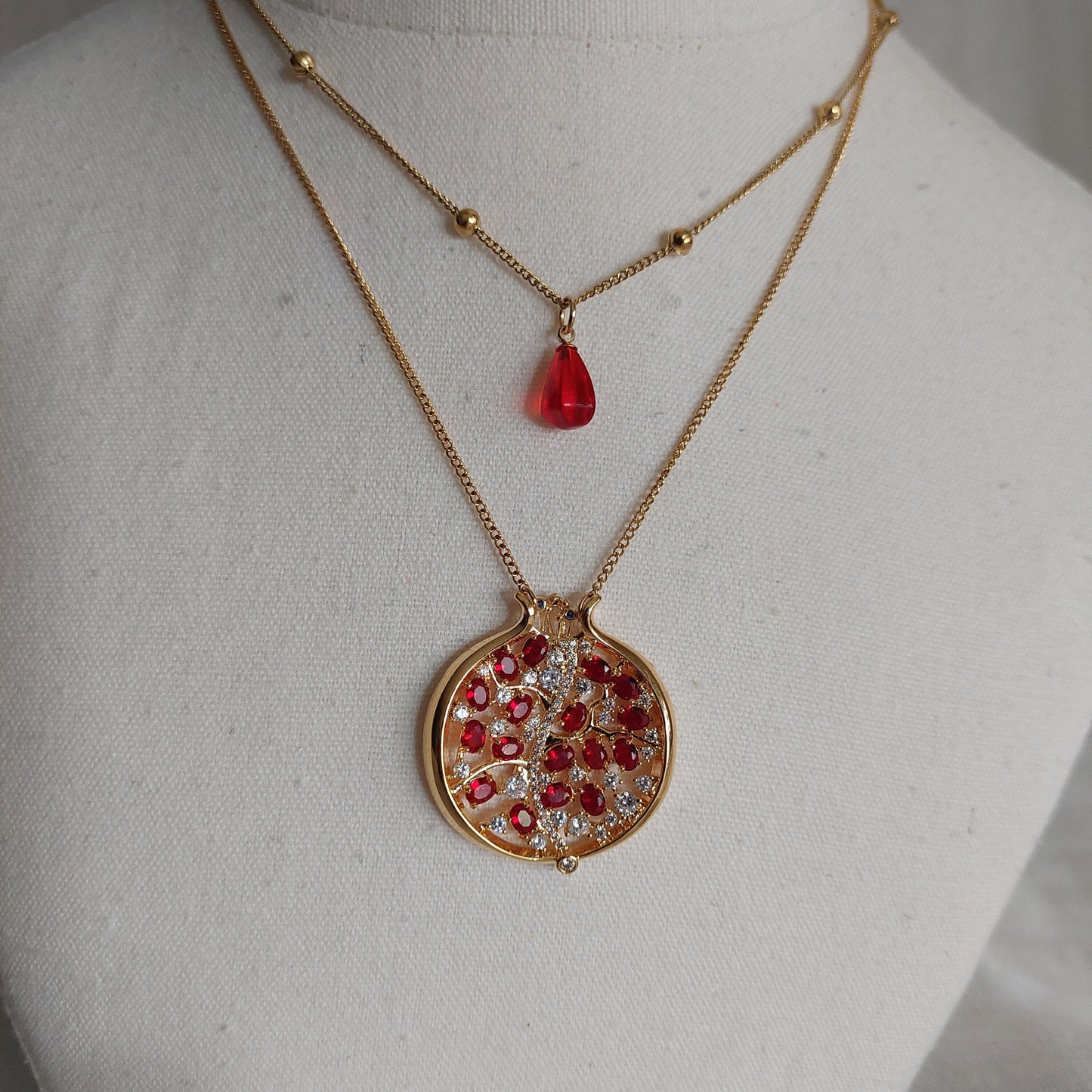 Pomegranate  jewelry set  18 K Gold plated pendant with zircons and glass beads