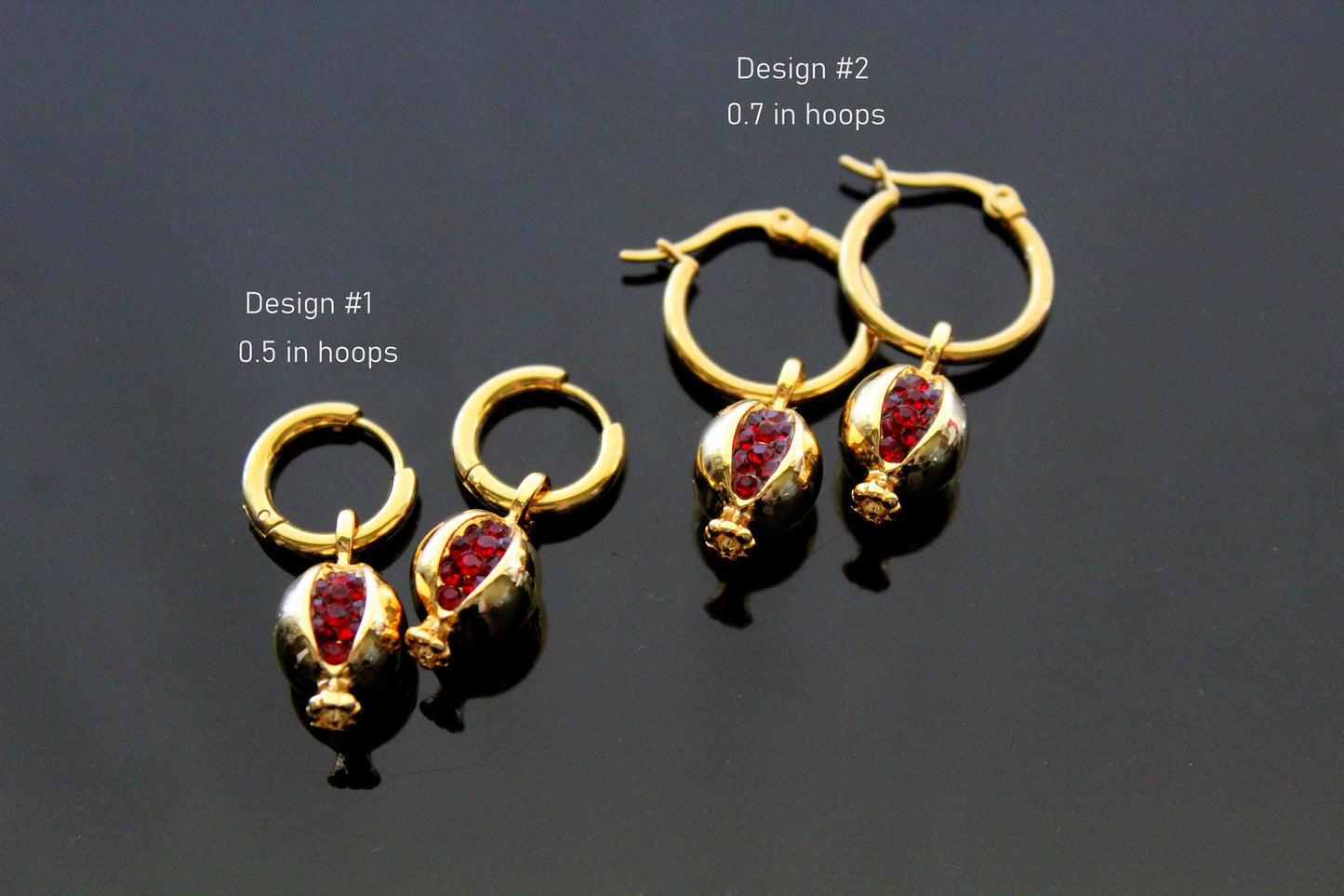 Gold plated pomegranate hoop earrings with red zircons