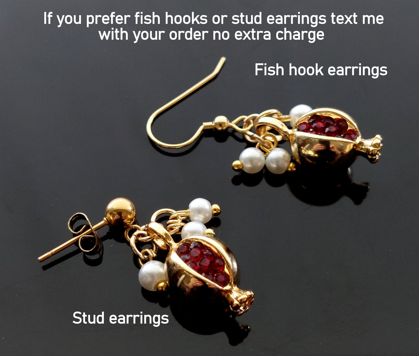 Gold plated pomegranate hoop earrings with red zircons ang glass pearl stand choker