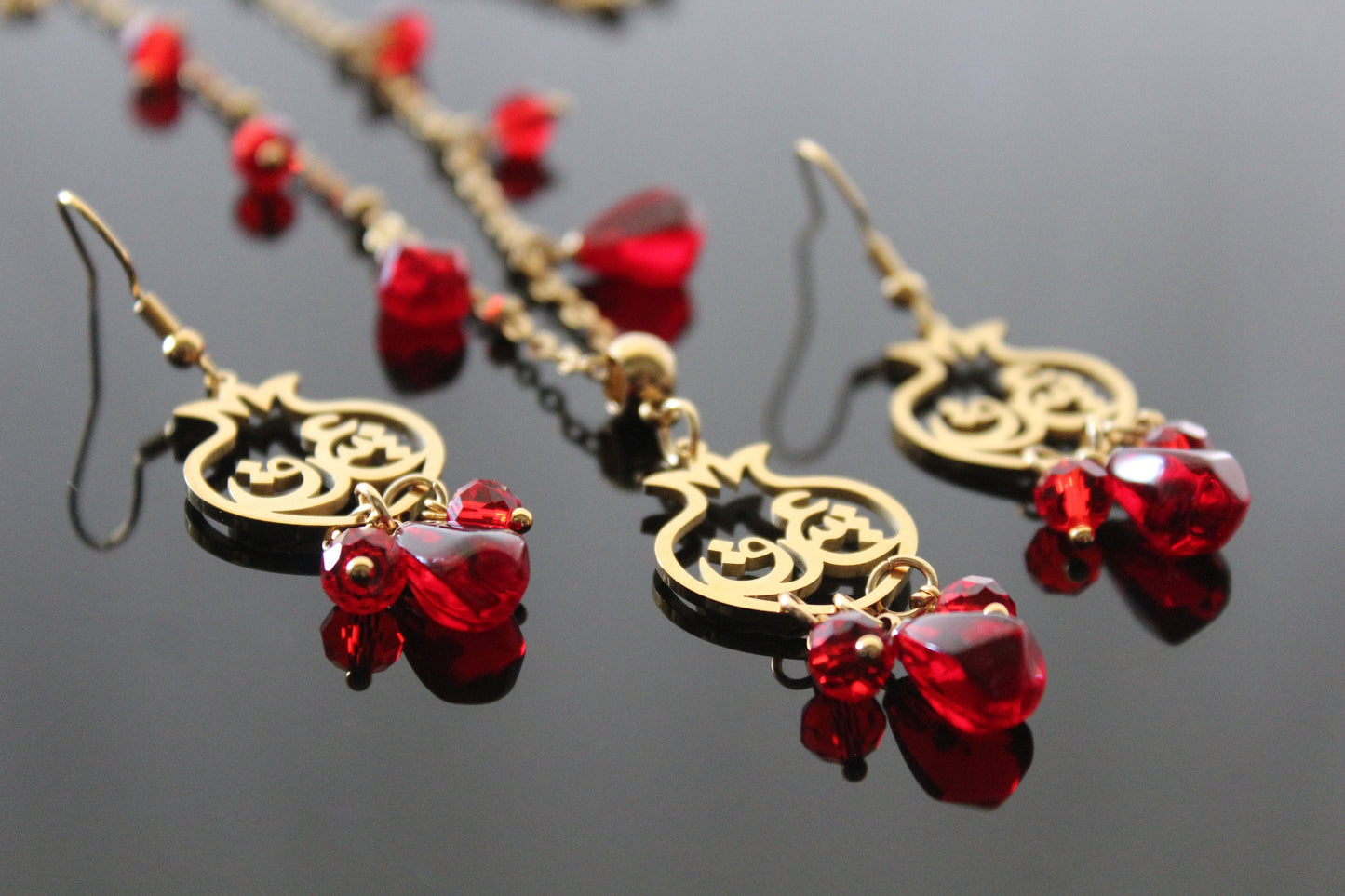 Farsi pomegranate glass seeds drop earrings and necklace  gold plated stainless  steel hypoallergenic jewelry