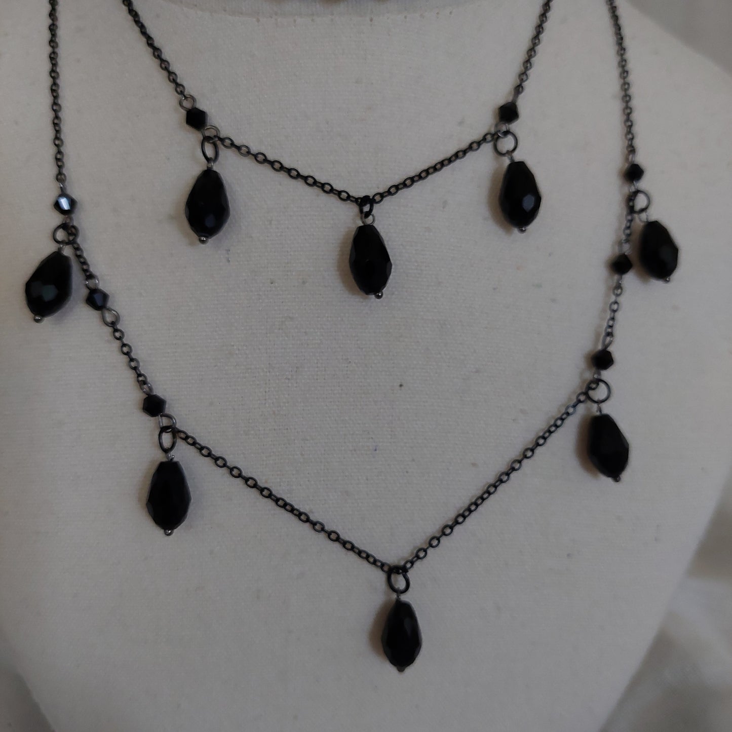 Handmade black jewelry set with gun metal color chain and black glass beads