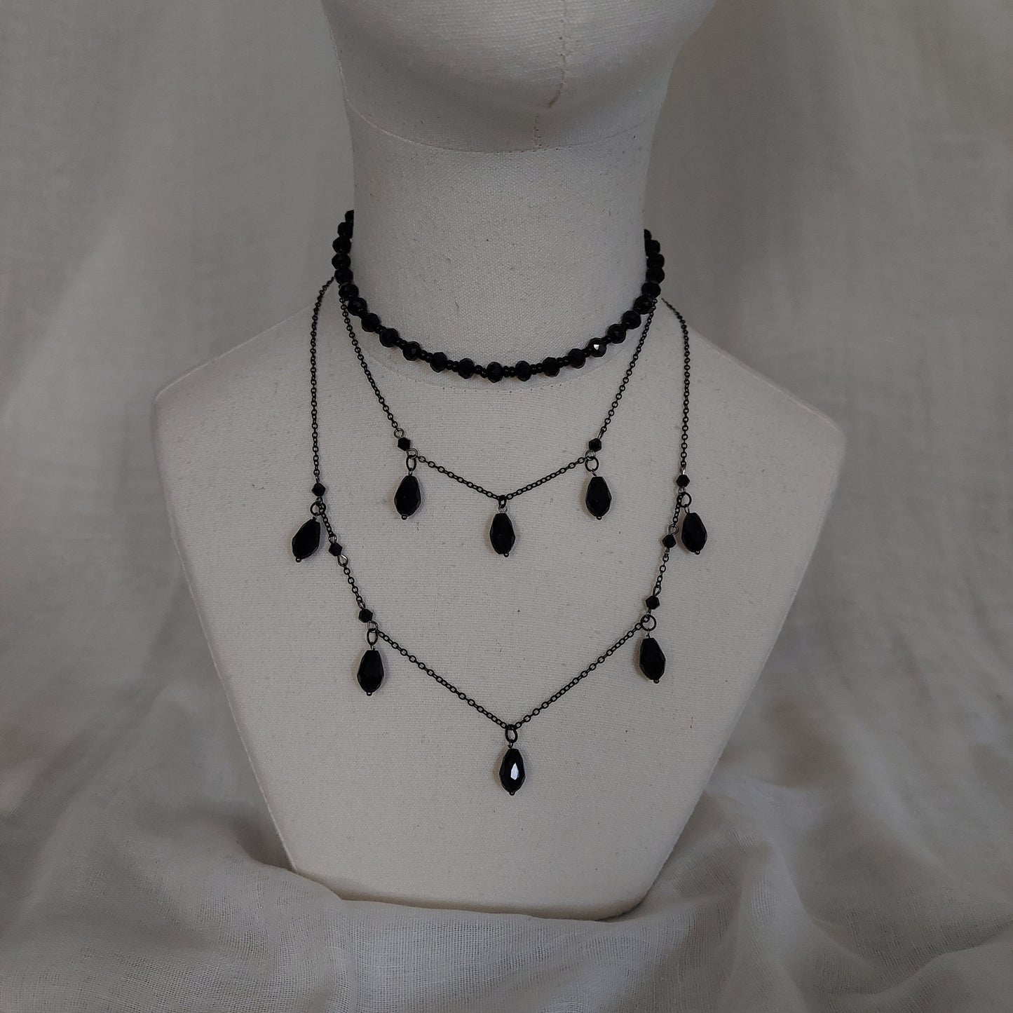 Handmade black jewelry set with gun metal color chain and black glass beads