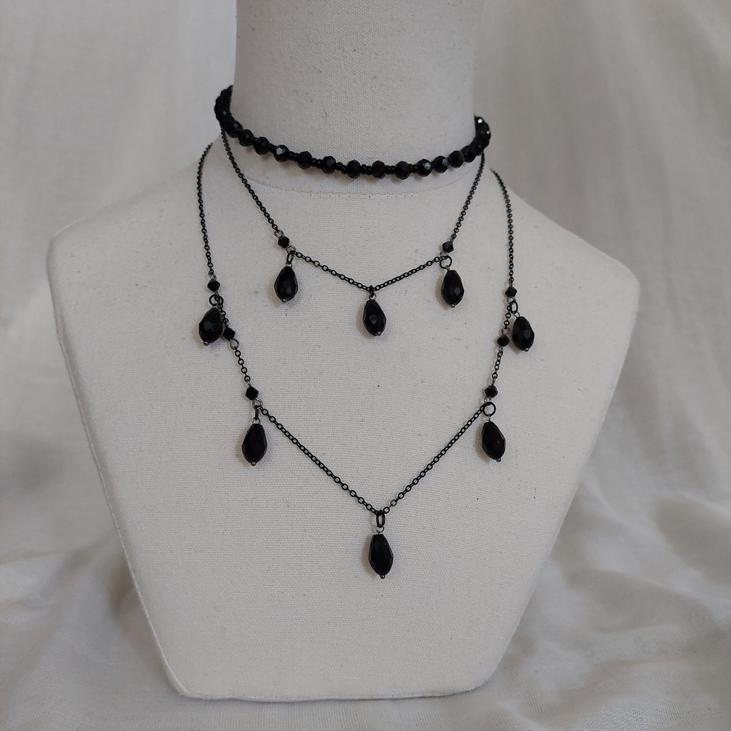 Handmade black jewelry set with gun metal color chain and black glass beads