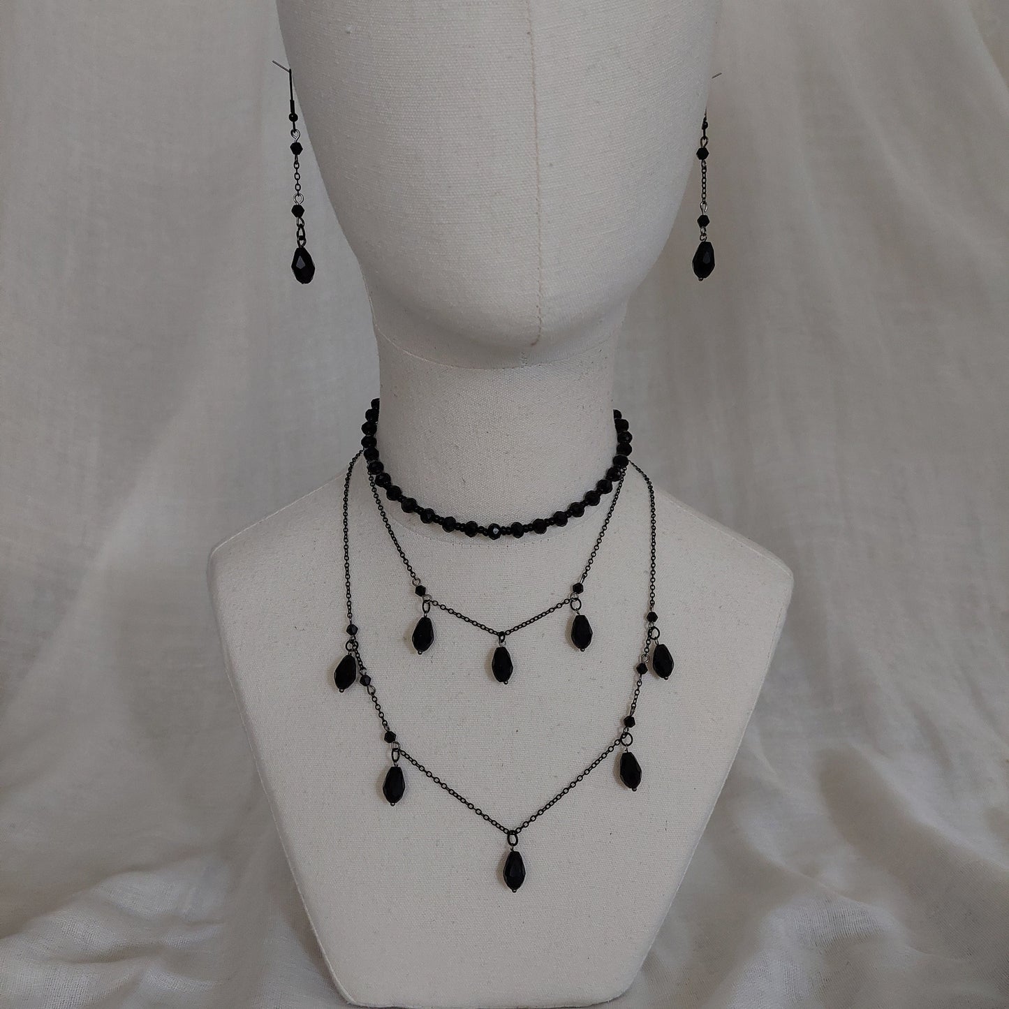 Handmade black jewelry set with gun metal color chain and black glass beads