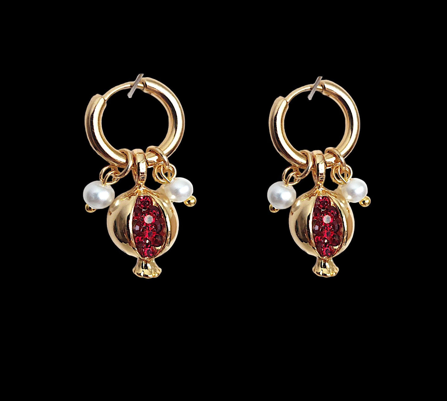 Gold plated pomegranate hoop earrings with red zircons ang glass pearl stand choker