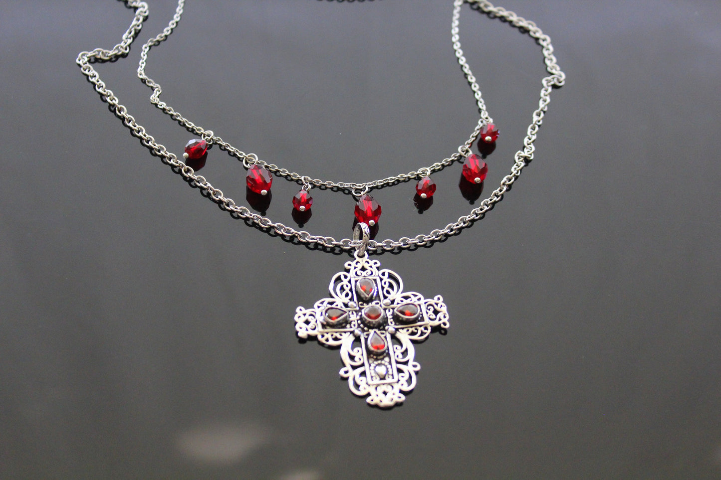 925 Sterling silver cross with natural garnet stones with stainless steel chain and Choker with glass beads, earrings