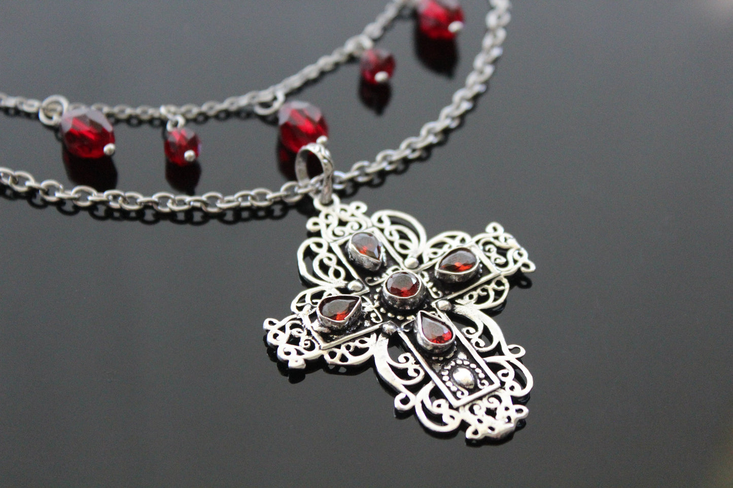 925 Sterling silver cross with natural garnet stones with stainless steel chain and Choker with glass beads, earrings