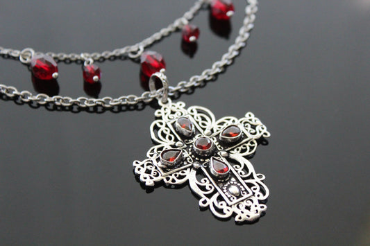 925 Sterling  silver cross with natural garnet stones with stainless steel chain  and Choker with glass beads,  earrings