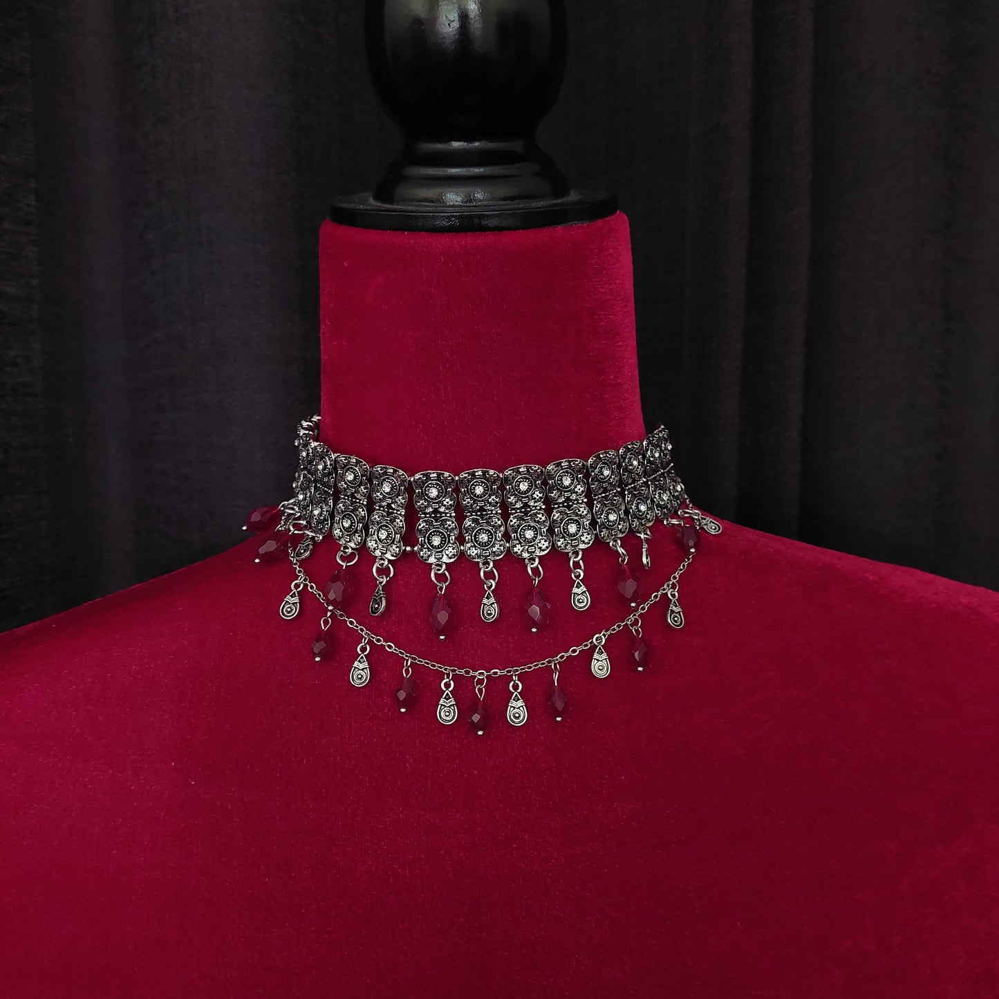 Antique silver Armenian traditional necklace with earrings and glass beads