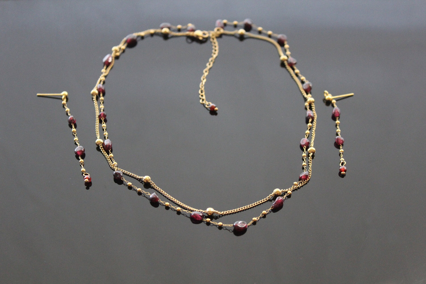 Handmade natural garnet jewelry set with 18 K gold plated stainless steel parts