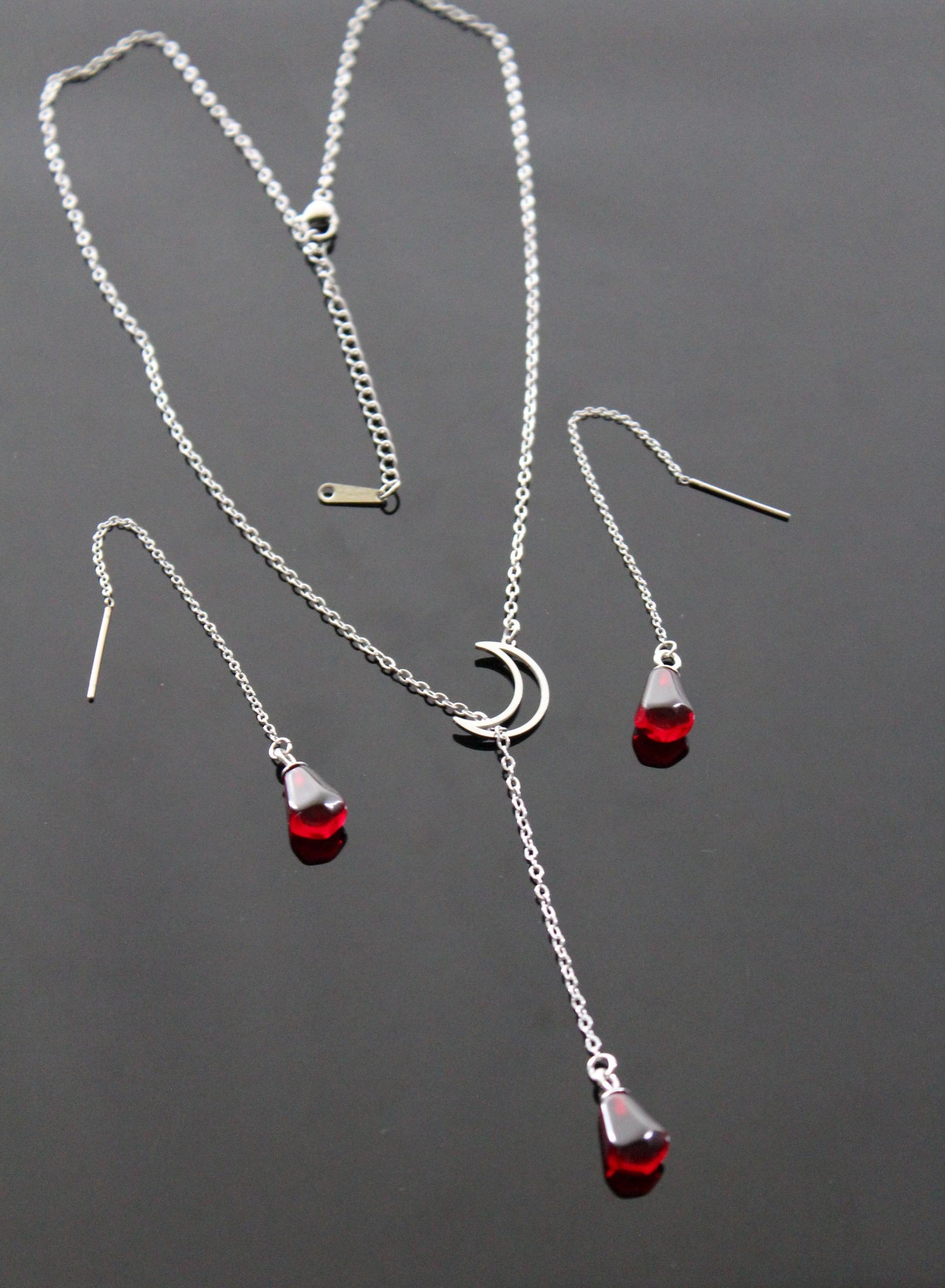 Y shape moon with pomegranate seed jewelry set gold plated stainless steel