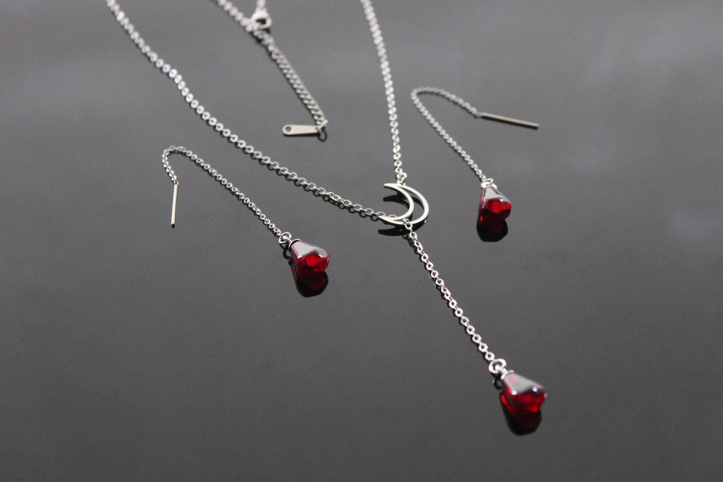 Y shape moon with pomegranate seed jewelry set gold plated stainless steel