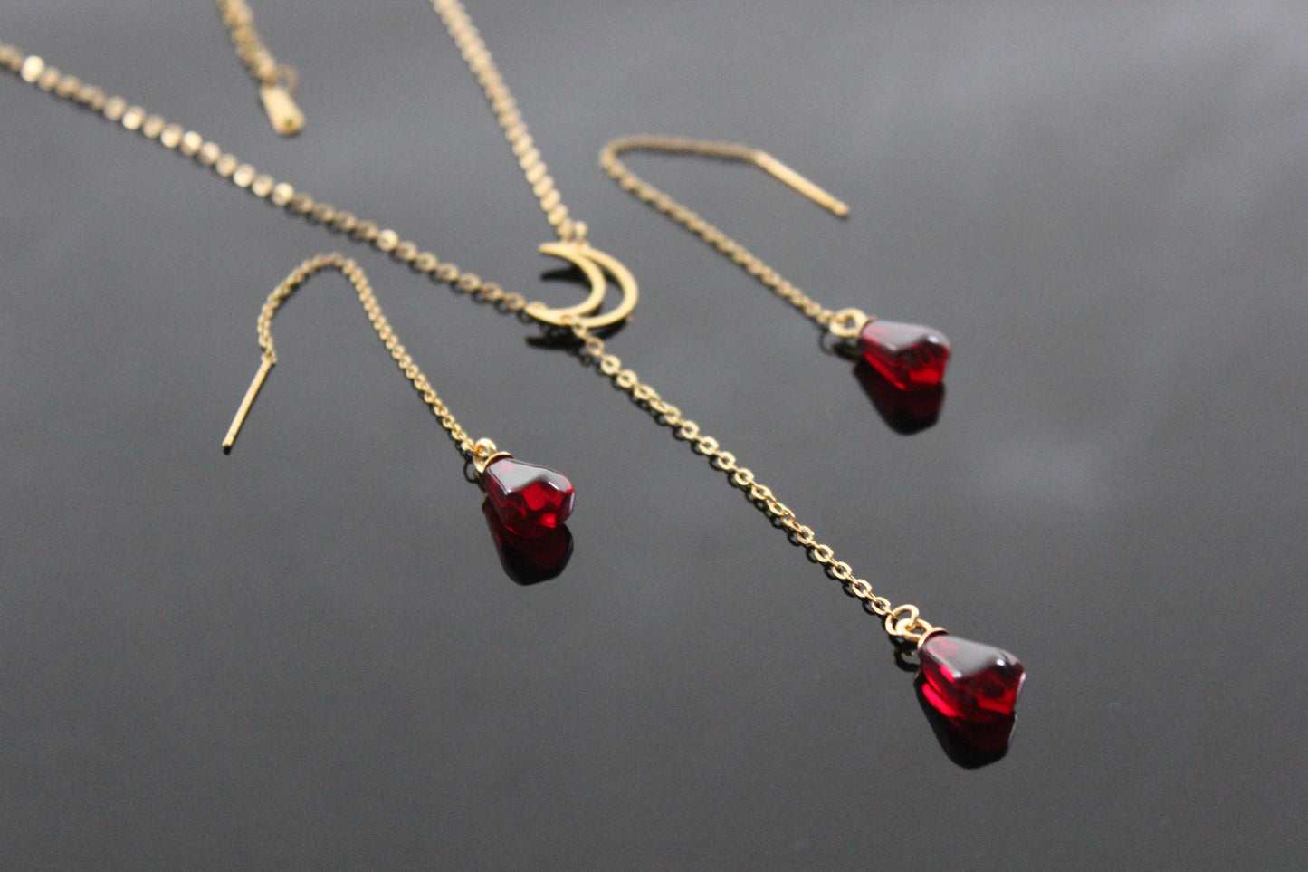 Y shape moon with pomegranate seed jewelry set gold plated stainless steel