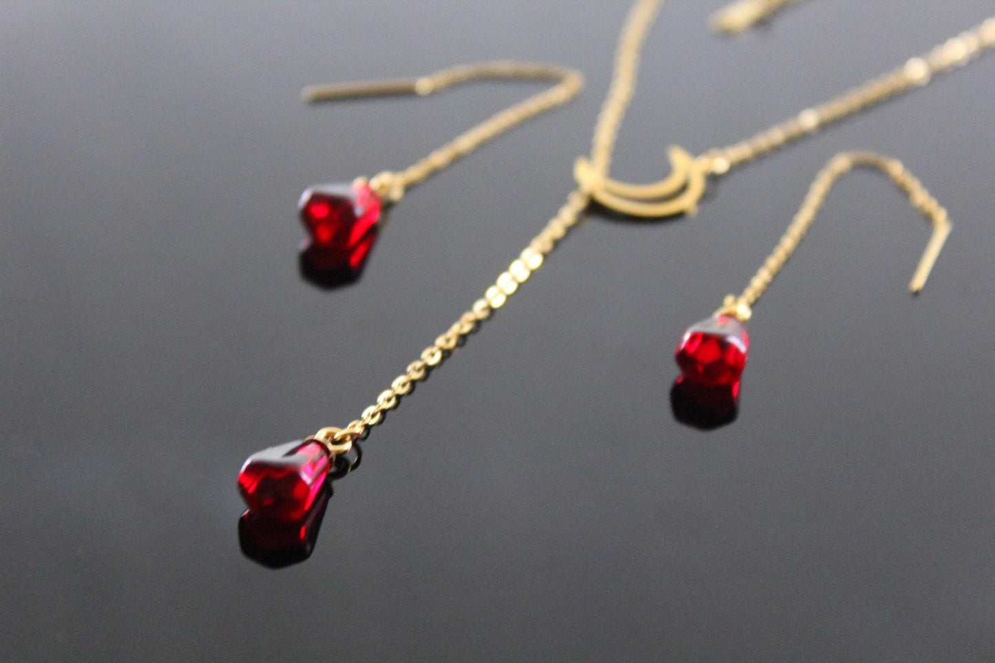 Y shape moon with pomegranate seed jewelry set gold plated stainless steel