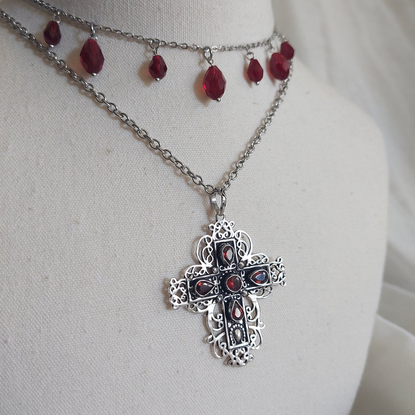 925 Sterling silver cross with natural garnet stones with stainless steel chain and Choker with glass beads, earrings