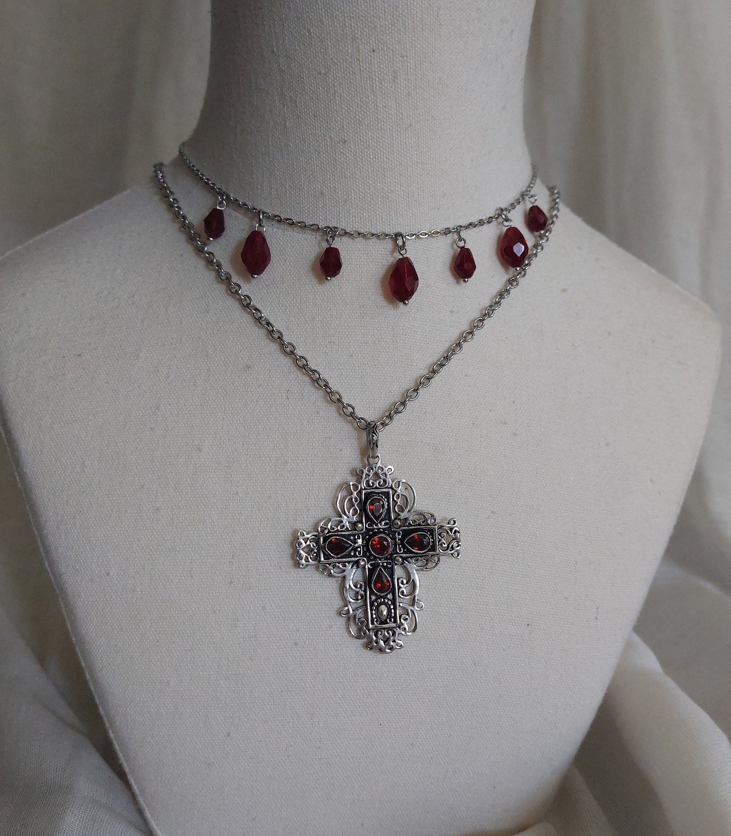 925 Sterling silver cross with natural garnet stones with stainless steel chain and Choker with glass beads, earrings