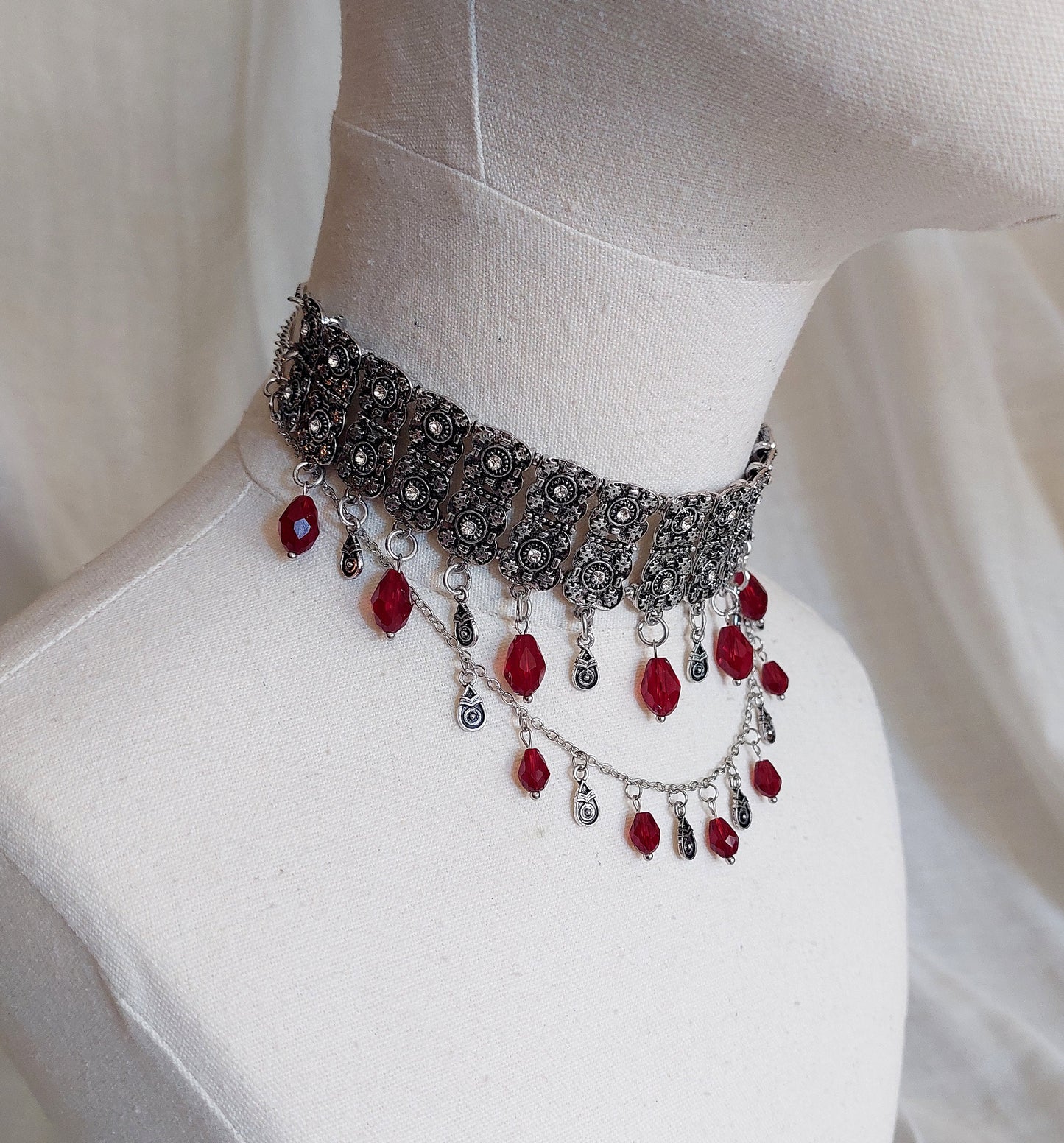 Antique silver Armenian traditional necklace with earrings and glass beads